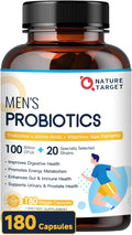 NATURE TARGET Probiotics for Men 100 Billion CFUs Probiotics for Digestive Health with Enzymes &amp Prebiotics 180 Veg Capsules Mens Probiotic for Gut &amp Bloating with Saw Palmetto for Prostat