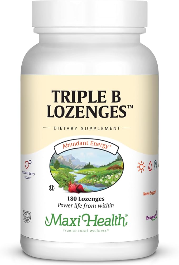 Maxi Health Triple B Lozenges - Vitamin B12 &amp B6 &amp Biotin - Strawberry Flavor - 180 Chewies - Kosher