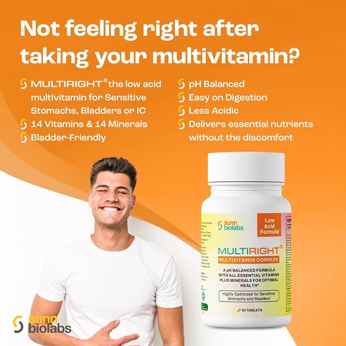 MULTIRIGHT | LOW ACID MULTIVITAMIN for Sensitive Stomachs Bladders | 14 Vitamins &amp 14 Minerals | Bladder-Friendly pH Balanced | Easy on Digestion-Less Acidic | Buffered Vitamin C | 270 Tablets (