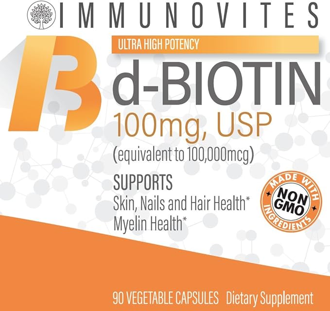 IMMUNOVITES High Dose Biotin (as d-Biotin USP) 100mg (Equivalent to 100000mcg) 90 Capsules High Potency
