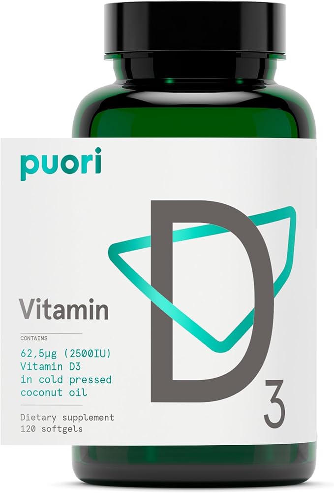 Puori Vitamin D3 Softgels 2500 IU (62.5 mcg) - Fast Absorbing Vitamin D3 Supplements for Immune System Support Bone Health &amp Density and Healthy Muscle Functions - Non-GMO &amp Gluten-Free - 12