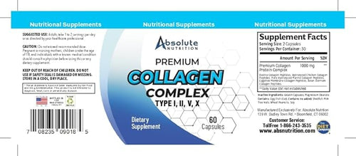 Absolute Nutrition Multi Collagen Complex Capsules - Collagen Peptides Pills with Hyaluronic Acid Type I II III V X Collagen - 60ct Supplement for Hair Skin Nails &amp Joint Health - Men &amp