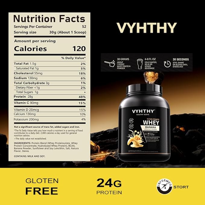 Banana Flavored Whey Protein Powder24g Protein per Serving Fast-Absorbing Concentrated whey Protein Low Sugar Gluten-Free Natural Flavor 3.5lbs(56oz)