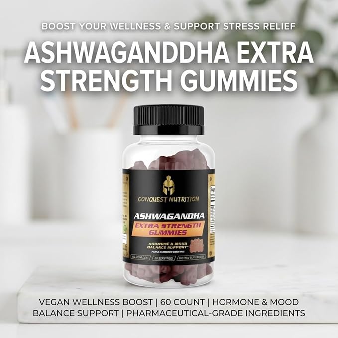 Ashwagandha Extra Strength Vegan Gummies – Stress Relief &amp Calm Support Adaptogen Supplement for Relaxation Mood &amp Energy Balance Non-GMO Natural Flavor 60 Gummies