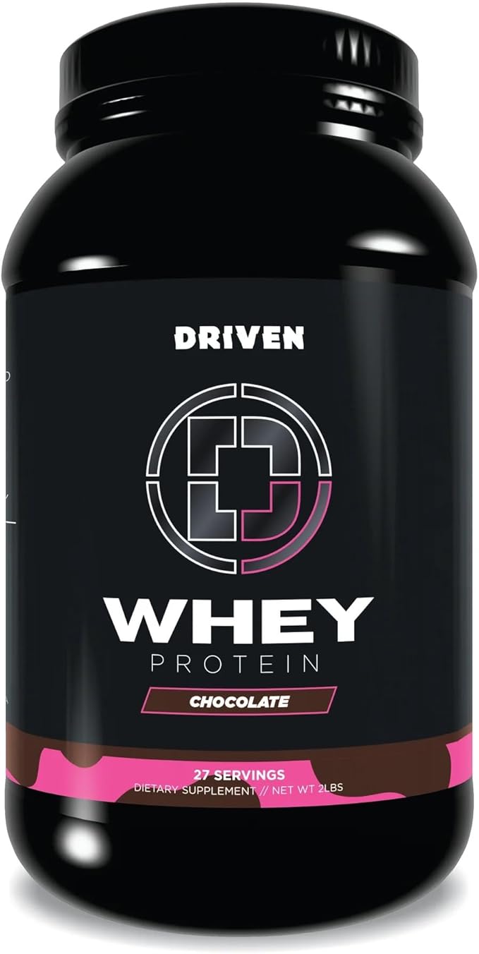 Driven WHEY- Grass Fed Whey Protein Powder: Delicious Clean Protein Shake- Improve Muscle Recovery with 23 Grams of Protein with Added BCAA and Digestive Enzymes (2 lb Chocolate Milkshake)