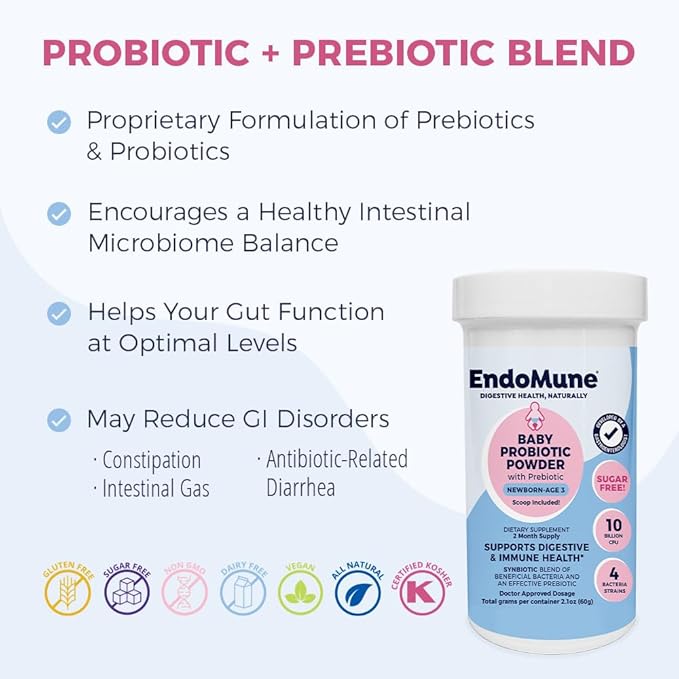 Endomune Jr Advanced Probiotic Powder for Newborns Infants Toddlers &amp Baby - 10 Billion CFUs - 4 Strains Bacteria &amp FOS Prebiotic - Physician Formulated - 60 Day Supply