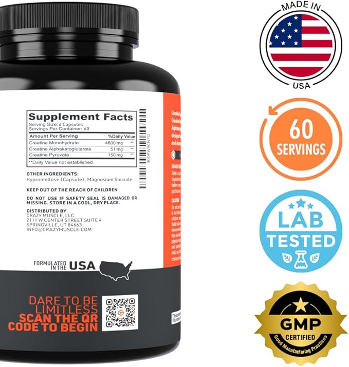 Crazy Muscle Creatine Capsules 5g of Premium 3X ThreeAtine Pre Workout Bulk Mass Gainer High Absorption Easy to Take Creatine Monohydrate Optimum Performance for Men Women 360 Capsules