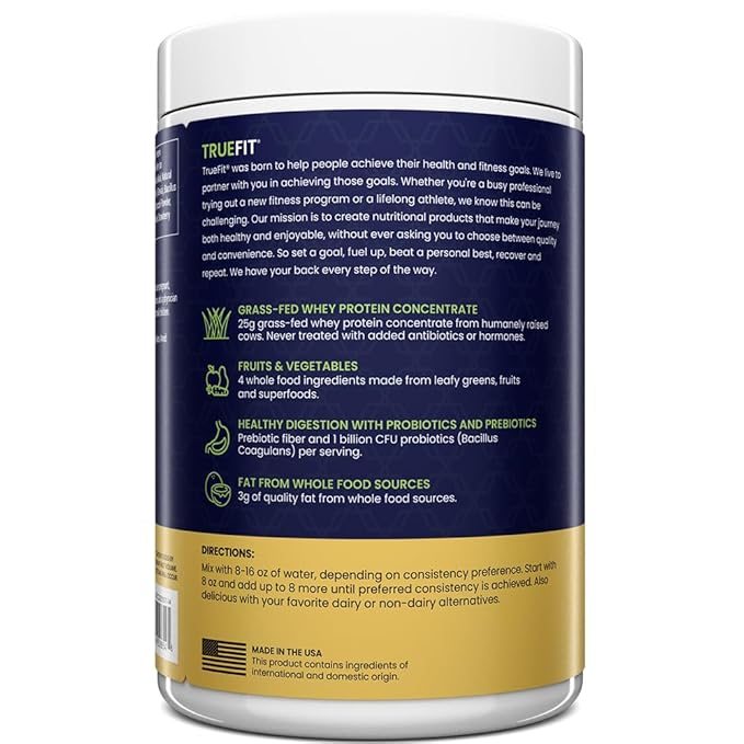 TrueFit High Fiber Protein Powder Grass-Fed Whey Meal Replacement Shake with Prebiotics Probiotics &amp Organic Superfoods Keto Friendly Gluten Free
