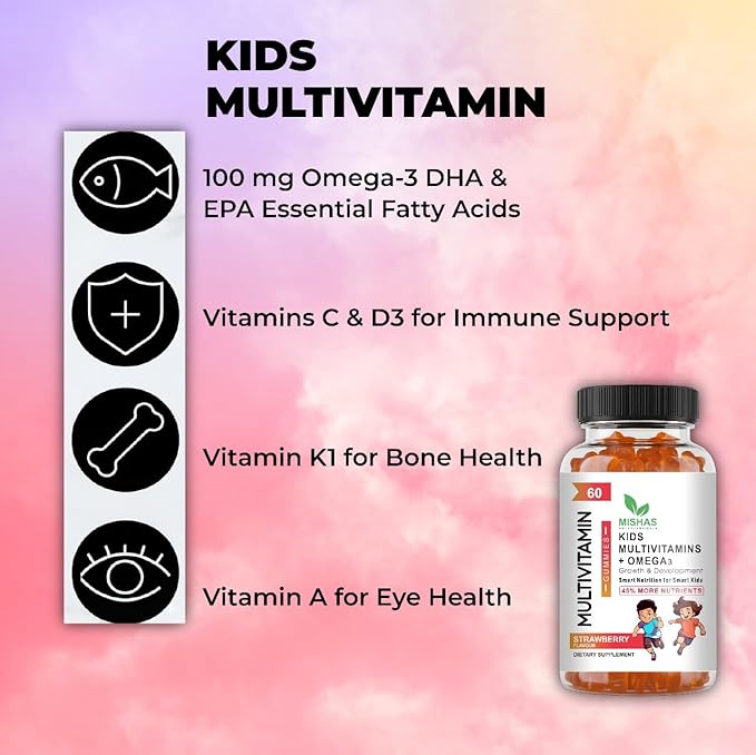 Mishas Nutraceuticals Kids Multivitamin Gummies with Omega 3 Fish Oil (EPA/DHA) Vitamin D3 C B12 B6 Vitamin A K &amp Zinc Immune Support Gluten-Free Three Fruit Flavors 60 Count (30-Day Supp