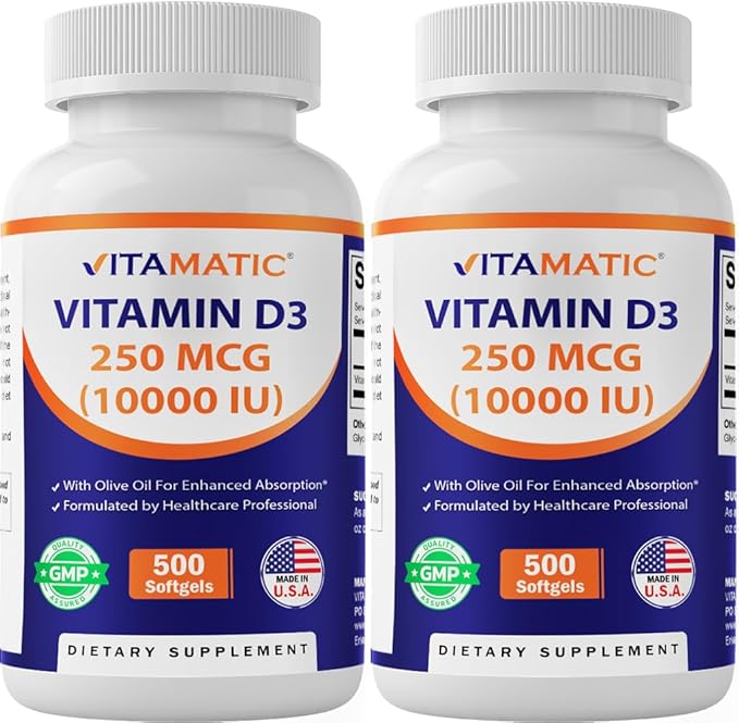 Vitamatic Vitamin D3 10000 IU (250 mcg) - 500 Softgels (Olive Oil Based) Non-GMO Gluten Free in Cold-Pressed Mini Softgels- 2 Pack
