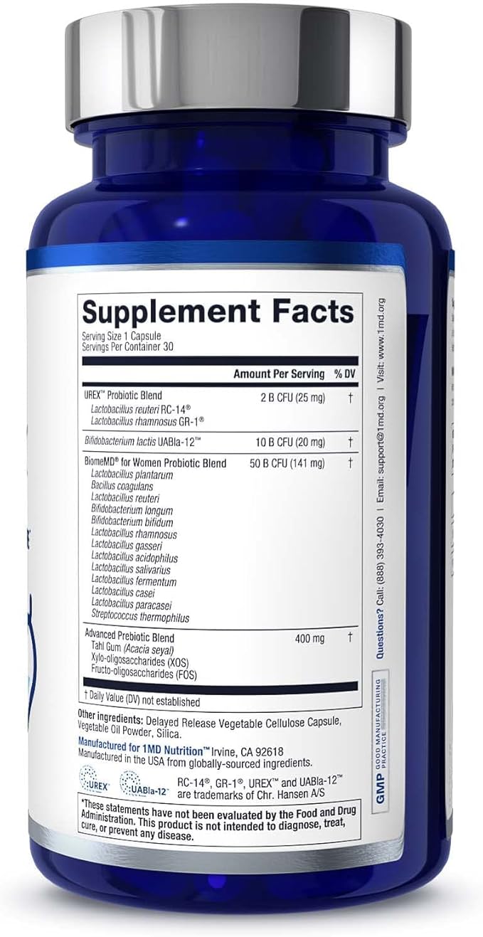 1MD Nutrition BiomeMD Probiotics for Women - Daily Prebiotics and Probiotics for Women - More Than 60 Billion CFUs 15 Strains - Womens Probiotic to Support Urinary &amp Vaginal Health - 30 Capsules