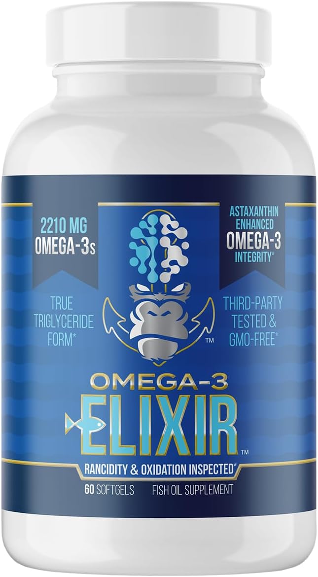 Gorilla Mind Omega-3 Elixir™ | 2210mg Fish Oil Re-Esterified Triglyceride Form | EPA DHA + 2 Fatty Acids | Astaxanthin Infusion for Bolstered Integrity | 3rd Party &amp Rancidity Tested | 60 Softgel
