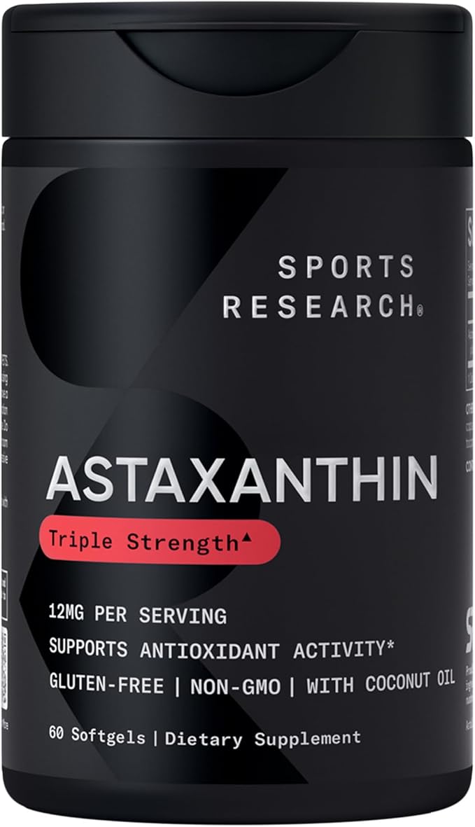 Sports Research® Healthy Skin and Hair Support - Vegan Biotin 10000mcg with Coconut Oil Triple Strength Astaxanthin 12mg and Phytoceramides 350mg per Softgel · Non-GMO · Vegan · Gluten-Free