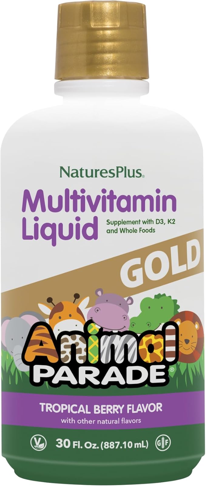 NaturesPlus Animal Parade Source of Life Gold Children's Liquid Multivitamin 30 OZ - Natural Tropical Berry Flavor - Immune Support Supplement - Organic Whole Foods Gluten-Free Vegan - 60 Servings