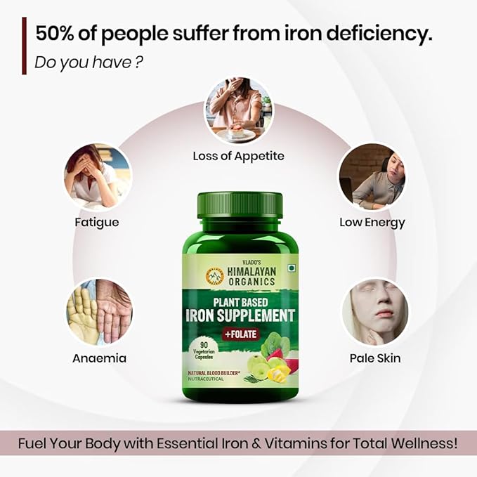 HIMALAYAN ORGANICS Organics Plant Based Iron Supplement with Folate | Improved Hemoglobin &amp Oxygen Capacity | Stomach Friendly | Boost Energy (90 Capsules)