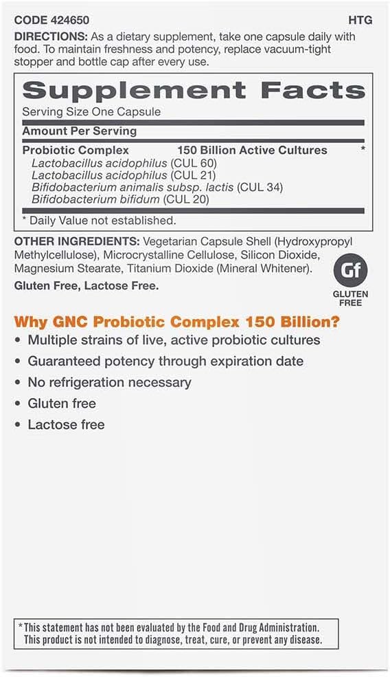 GNC Probiotic Complex Extra Strength with 150 Billion CFUs 20 Capsules Daily Probiotic Support