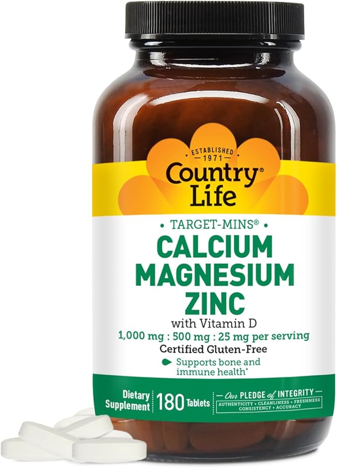 Country Life Calcium Magnesium Zinc with Vitamin D3 and L-Glutamic Acid Dietary Supplement for Bone Support Certified Gluten Free  1000mg/500mg/25mg 180 Tablets