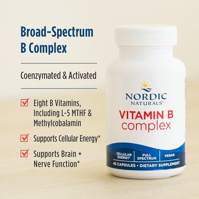 Nordic Naturals Vitamin B Complex - 45 Capsules Thiamine Riboflavin Niacin B6 &amp B12 Folate Biotin Pantothenic Acid Heart Brain Health Energy Metabolism Non-GMO Servings