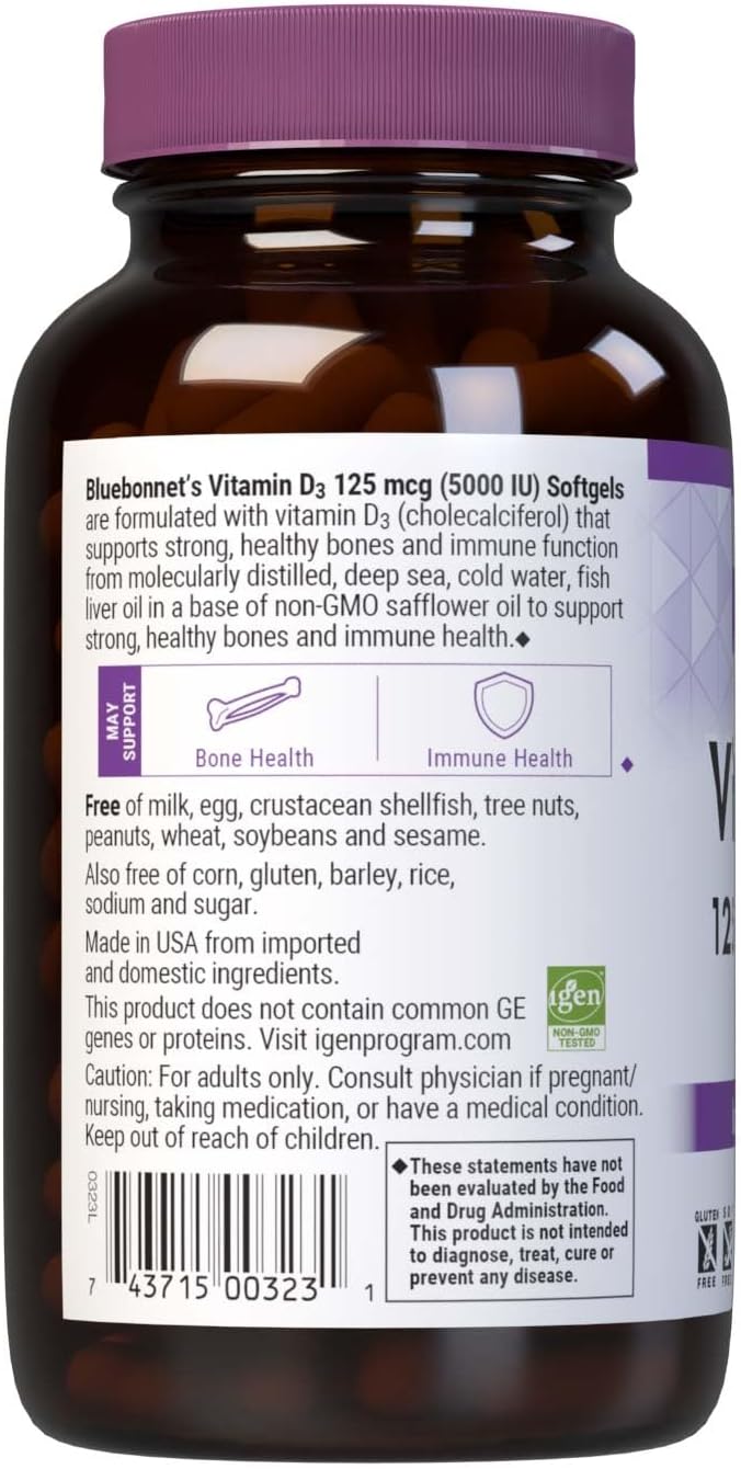 Bluebonnet Nutrition Vitamin D3 5000 IU Softgels Aids in Muscle and Skeletal Growth Cholecalciferol from Fish Oil Non GMO Gluten Free Soy Free Dairy Free Yellow 250 Softgels
