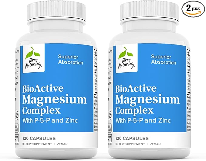 Terry Naturally BioActive Magnesium Complex - Bone &amp Heart Health Support - Supplement with Vitamin B6 Zinc &amp Magnesium - Pyridoxal-5-Phosphate Vegan Capsule Supplement - 120 Capsules (Pack o