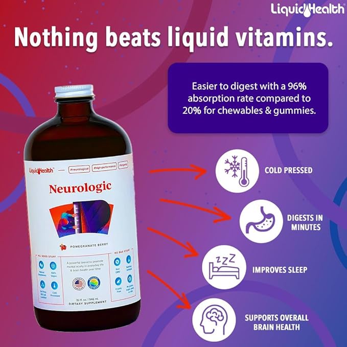 LIQUIDHEALTH Complete Multiple Daily Multivitamin &amp Neurologic Nootropic Liquid Vitamin Bundle for Adults - Boost Immune Support Improve Memory Focus &amp Concentration - Vegan Non-GMO Made i
