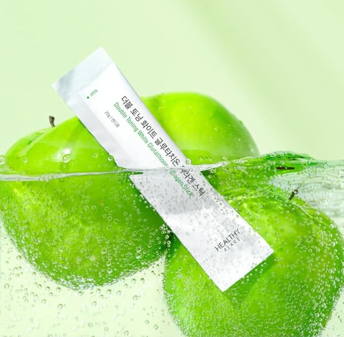 Double Toning White Glutathione Collagen Jelly Stick. Korean Beauty Supplement with Glutathione 98% Fish Collagen Peptide-1000 mg Vitamin C &amp Vitamin E. Green Apple Flavor 14 Sticks.