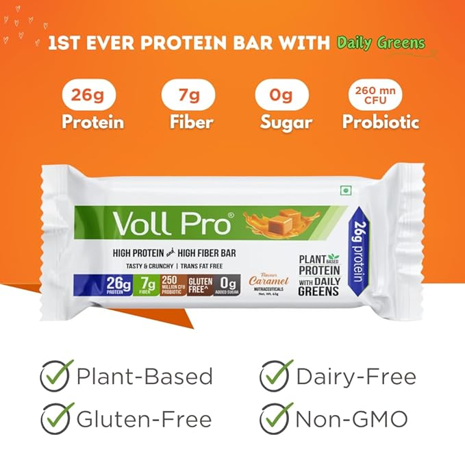 Voll Pro Plant Protein Bar with Daily Greens - High Protein 26g Fiber 7g 0g Sugar - Crunchy Delicious Nutrient-Rich Protein Bars 65g Bar (Pack of 12) (Pack of 12)