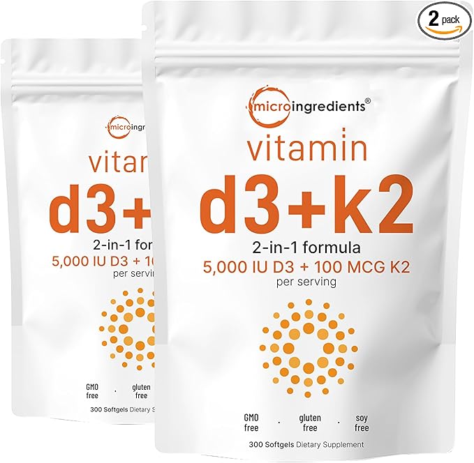 Micro Ingredients Vitamin D3 5000 IU + K2 MK-7 100 mcg 2 Pack (600 Softgels) | Liquid-Filled with Sunflower Oil | 2-in-1 Vitamins D &amp K Complex | Extra Strength Easy to Swallow Non-GMO No Glu