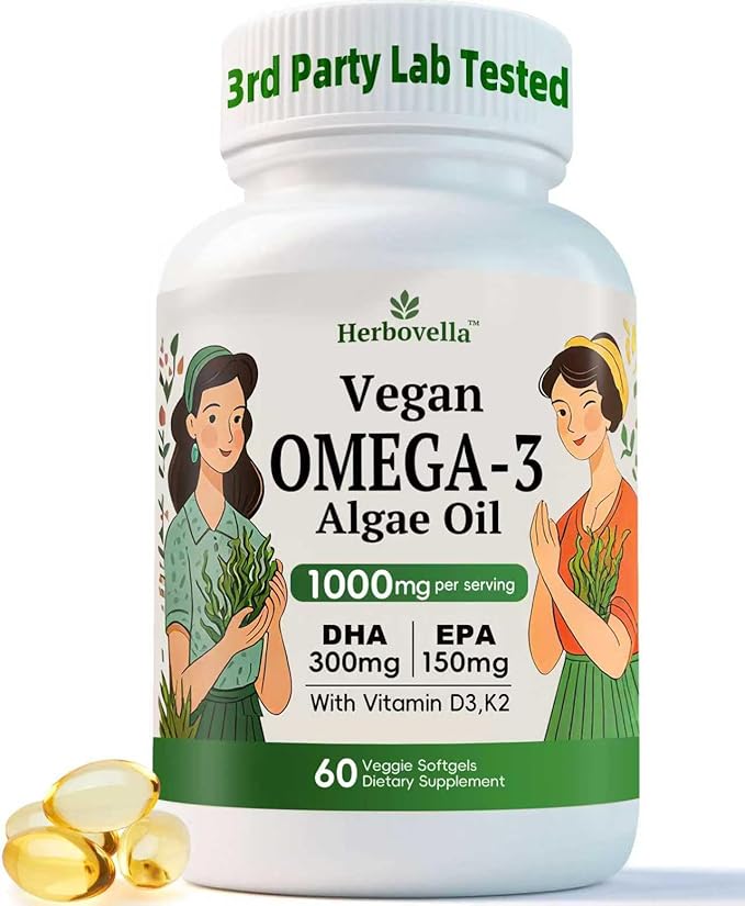 Algae Omega 3 Softgels with 300mg DHA 150mg EPA &amp Vitamin D3 &amp K2 - Omega 3 Supplement Fatty Acid to Support Brain Eye &amp Immunity - Vegan 60 Count