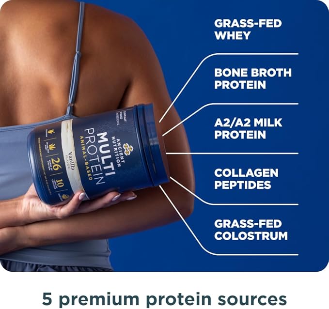 Ancient Nutrition Multi Protein Animal Based Powder 26g Protein Grass Fed Whey Bone Broth Collagen Peptides Colostrum &amp Probiotics Supports Joint &amp Gut Health Vanilla 15 Servings