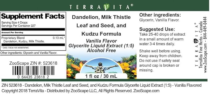 Terravita Dandelion Milk Thistle Leaf and Seed and Kudzu Formula Glycerite Liquid Extract (1:5) - Vanilla Flavored (1 oz ZIN: 523618)