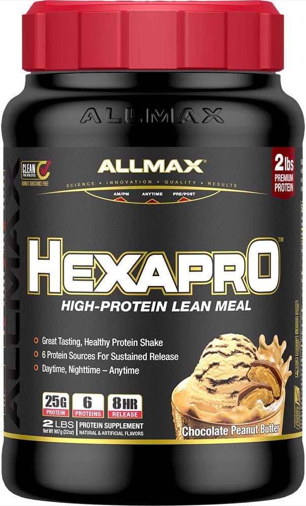 ALLMAX HEXAPRO Chocolate Peanut Butter - 5 lb - 25 Grams of Protein Per Serving - 8-Hour Sustained Release - Zero Sugar - 52 Servings