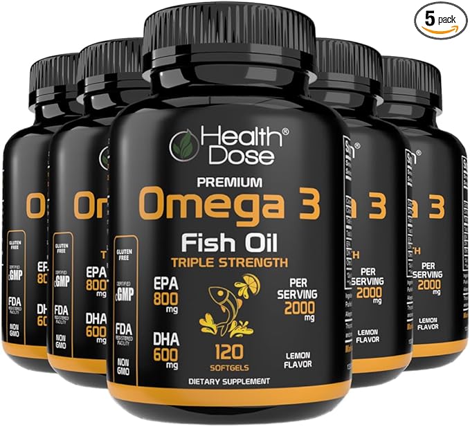 Health Dose Omega 3 Fish Oil – Lemon-Flavored Softgels with EPA &amp DHA for Brain Heart and Wellness Support – Easy-to-Digest No Fish Burps – 120 Softgels Pack of 5