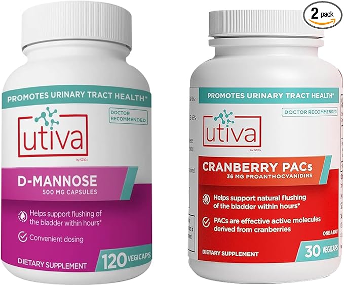 20% Bundle Utiva Cranberry PACs 30 Vegi Capsules Cranberry Supplement for Urinary Tract Health for Women and Men + Utiva D-Mannose 500mg 120 Capsules Naturally Flush The Bladder and Urinary Tract