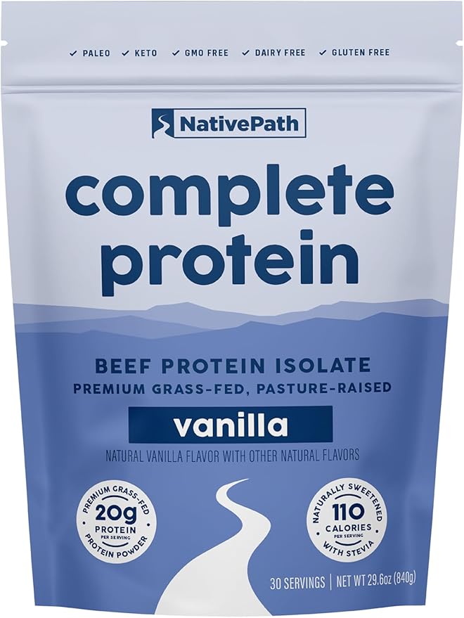 NativePath Vanilla Beef Protein Powder - 20g Protein 30 Servings - Grass-Fed Pasture-Raised Isolate with MCTs - Dairy Free Zero Sugar Keto &amp Paleo Friendly