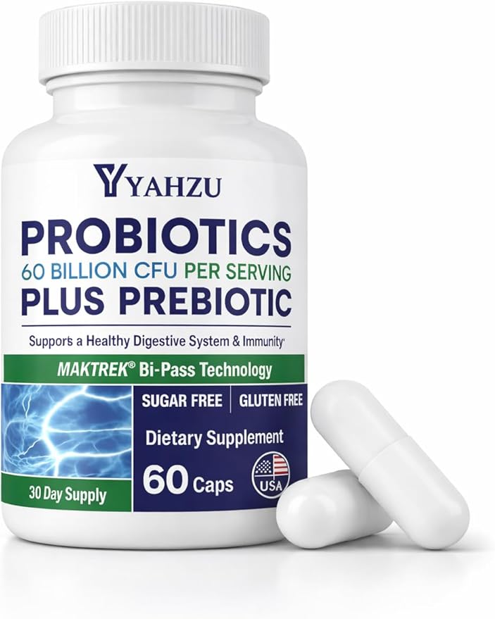 60 Billion CFU Probiotics with Prebiotic Fiber – Synbiotic Digestive &amp Immune Support for Men &amp Women 4 Clinically Researched Strains 60 Vegan Capsules