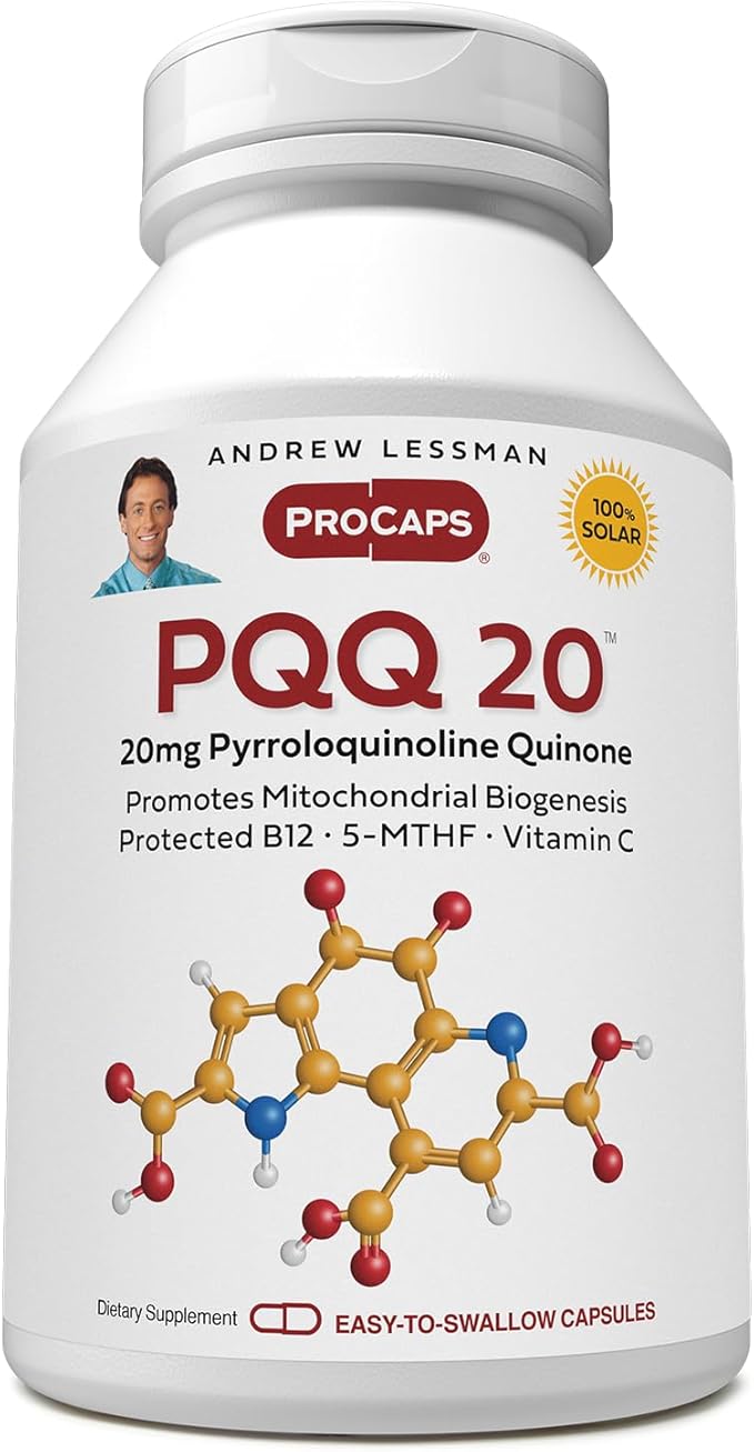 ANDREW LESSMAN PQQ 20mg - 60 Capsules - 20mg Pyrroloquinoline Quinone Natural Protective Compound Supports Vital Organs Heart Brain Liver Immune System. Mitochondrial Biogenesis No Additives