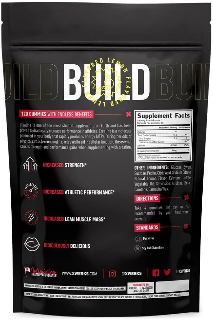 Xwerks Build Creatine Gummies for Men and Women 120 Count 100% Pure Creatine Monohydrate Watermelon Flavored Muscle Building Gummies 4g Per Serving Pre Workout Anti Melting 5000mg Total Creatine