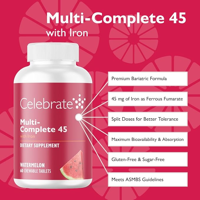 Celebrate Vitamins Multi-Complete Chewables 45mg Iron – Daily Bariatric Multivitamin for Sleeve Gastrectomy and Gastric Bypass Surgery Patients – Essential Vitamins &amp Minerals - Melon (180 Tablet