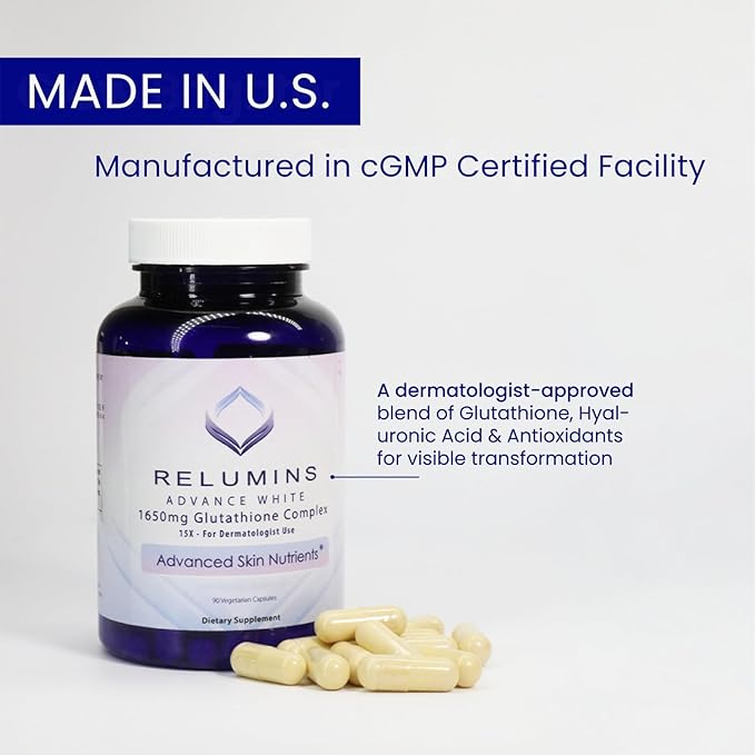 Relumins L-Glutathione Complex 1650mg - New Year New You Antioxidant Support with Alpha Lipoic Acid NAC L-Methionine &amp Vitamin E for Skin Health Made in USA - 90 Vegetarian Capsules x 2 Bottl
