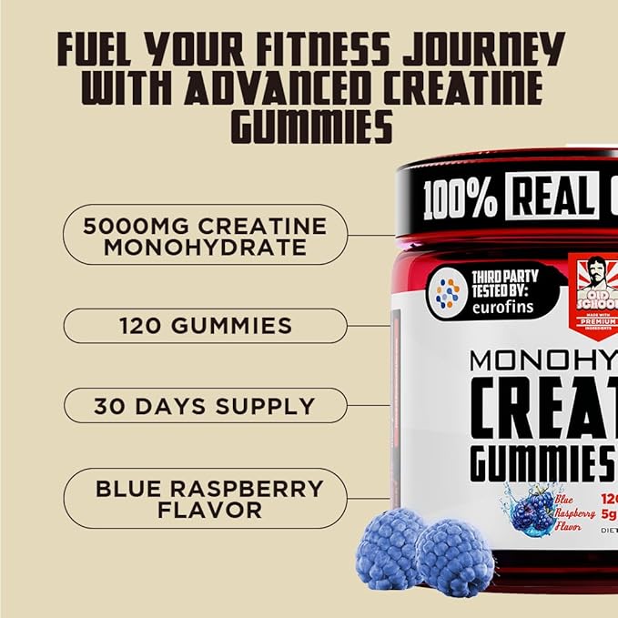 Old School Labs 5000mg Creatine Monohydrate Gummies Optimized for Men and Women Supports Lean Muscles &amp Recovery Energy &amp Stamina - Real Creatine and Third Party Tested 30 Servings 120 Ct