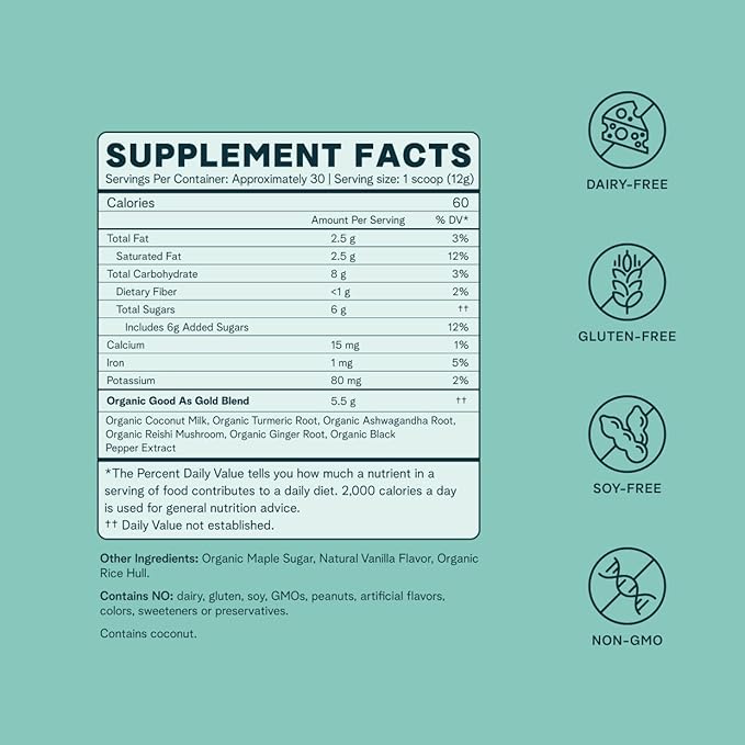 Ora Organic Golden Milk Powder - Ayurvedic Turmeric Powder with Organic Adaptogens - Ashwagandha Reishi and Ginger | Organic Gluten-Free Soy-Free Vegan Non-GMO - Maple &amp Vanilla 30 Servings