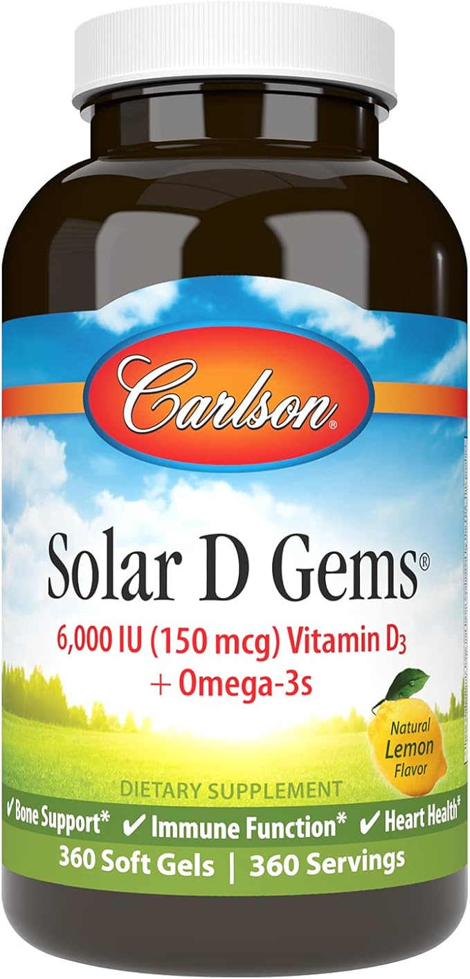 Carlson - Solar D Gems Vitamin D3 and Omega-3 Supplement 6000 IU (150 mcg) Vitamin D3 115 mg Omega-3s EPA and DHA Supplement Wild Caught Sustainably Sourced Lemon 360 Softgels