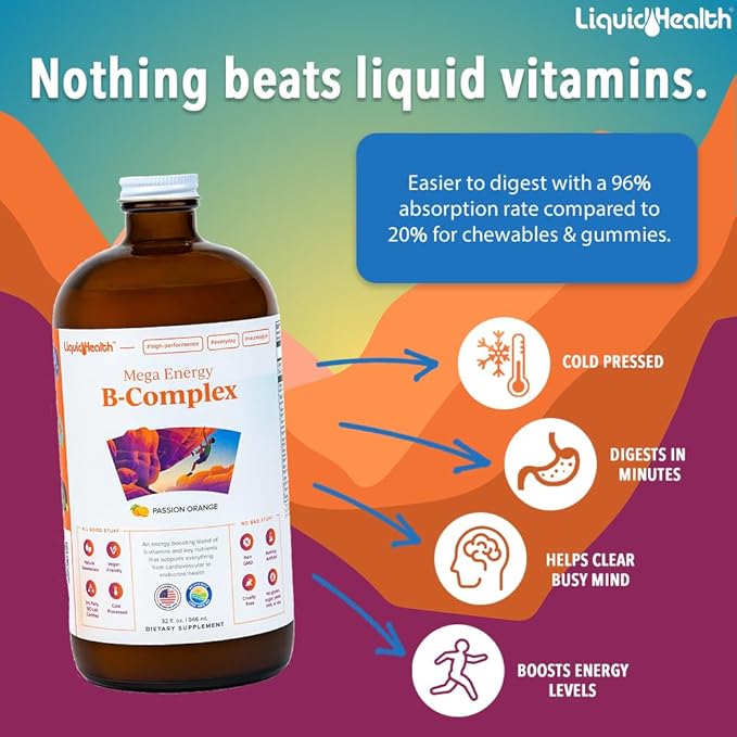 LIQUIDHEALTH Mega Energy B-Complex &amp Neurologic Nootropic Liquid Supplement Bundle for Adults - Increase Natural Energy Levels Improve Memory Alertness &amp Focus Boost Mood - Vegan Non-GMO