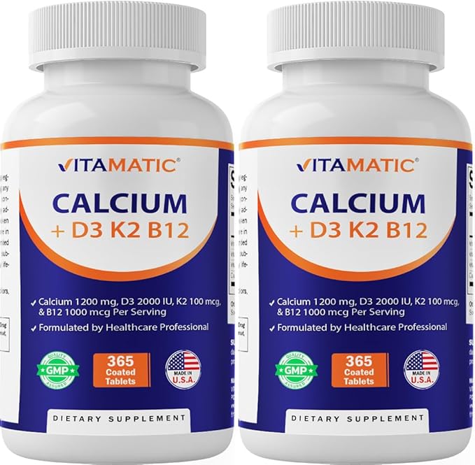 Vitamatic Calcium Supplement 1200mg with D3 K2 &amp B12 Immune &amp Bone Health Support - 365 Coated Tablets- 2 Pack