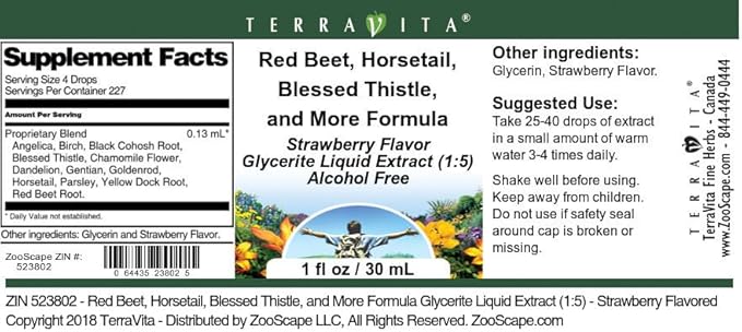 Terravita Red Beet Horsetail Blessed Thistle and More Formula Glycerite Liquid Extract (1:5) - Strawberry Flavored (1 oz ZIN: 523802)