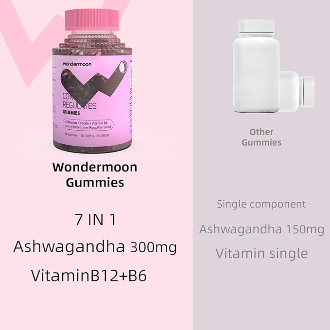 Wondermoon Cortisol Gummies for Women – Ashwagandha Rhodiola L-Theanine B6 &amp Magnesium – Stress Balance &amp Relaxation Blueberry Flavor – 60 Gummies