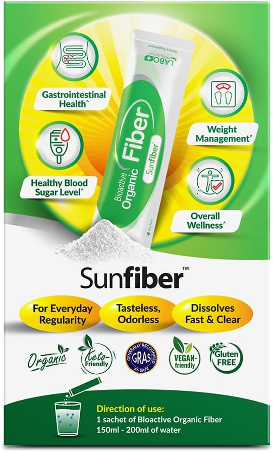 LABO Nutrition Bioactive Organic Fiber – Sunfiber PHGG Soluble Prebiotic Fiber for Digestive Regularity &amp Gut Health – Partially Hydrolyzed Guar Gum Low FODMAP Unflavored Vegan Non-GMO 30 Sac