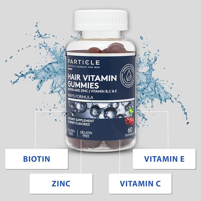 Particle Men’s Hair Gummies Gluten Free &amp Vegan Supplement with Vitamin C Biotin Zinc &amp Vitamin B12 Men’s Daily Supplement for Hair &amp Wellness Support Cherry Flavor 60 Gummies 1 Mon