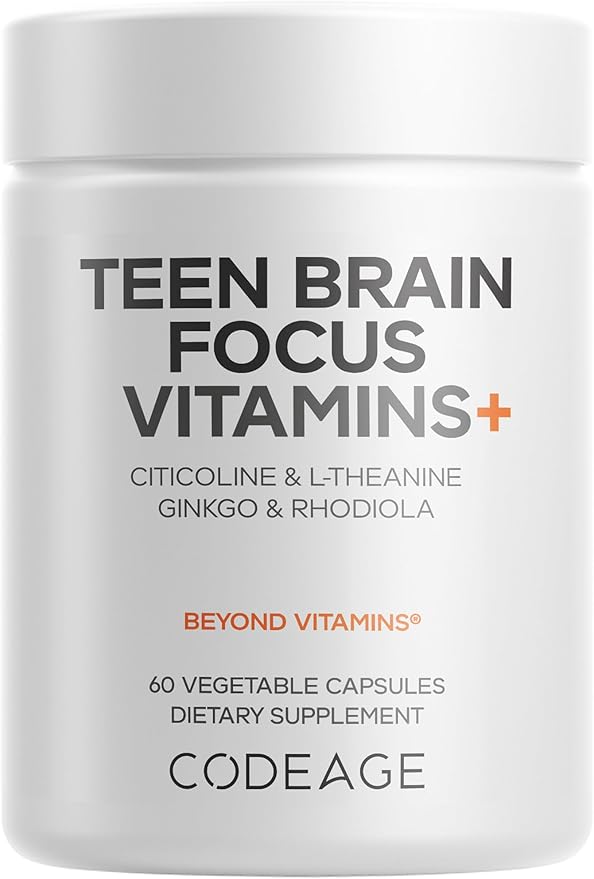 Codeage Teen Brain Focus Vitamins+ Citicoline Cognizin L-Theanine Ginkgo Rhodiola Lavender Magnesium Vitamin B6 B12 Folate - 2-Month Supply - 12-18 Years - Liposomal Supplement - 60 Capsules